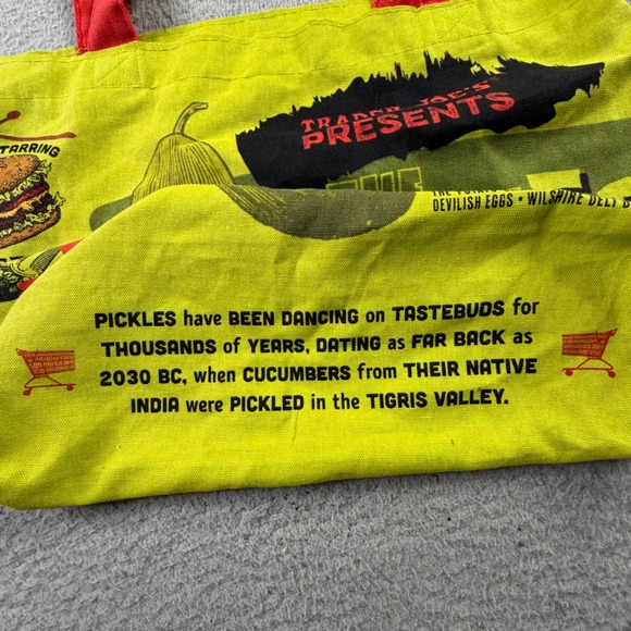 Trader Joes Pickle In A Jar Reusable Canvas Tote Bag Green Handles Made in USA - Picture 4 of 10